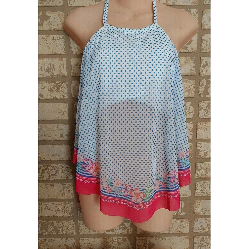 Coco Reef Swim Tankini Top White Multicolor Aura Mesh Ruffle Polka Dots 32C - Picture 2 of 7